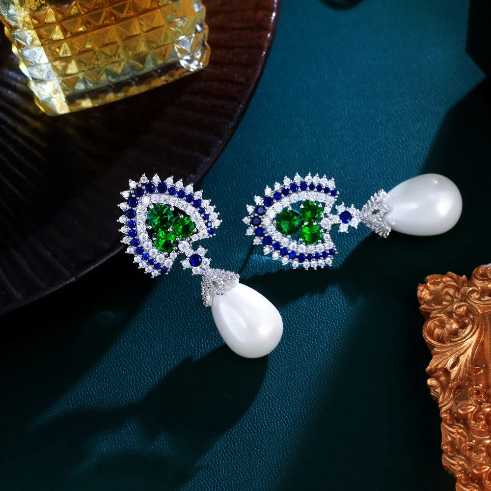 Blue and Green Cubic Zirconia Long Dangling Water Drop Pearl Earrings for Women Party Wedding Jewelry - EUFASHIONBAGS