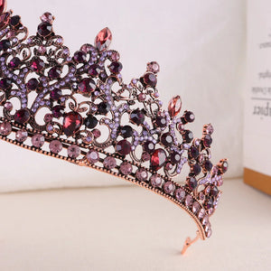 Baroque Antique Bronze Purple Crystal Beads Tiaras Crown Headwear For Women Wedding Party Princess Bridal Queen Hair Accessories