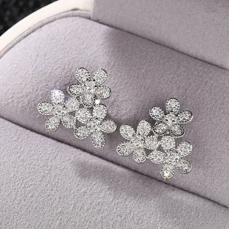 Beautiful Flowers Stud Earrings with Shiny Cubic Zirconia Graceful Exquisite Sweet Accessories Trendy Wedding Jewelry Hot - EUFASHIONBAGS