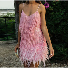 Laden Sie das Bild in den Galerie-Viewer, 2023 New Sexy Tassel Sequins Feather Mini Dress Women Spaghetti Strap Stitching Dresses Female Elegant Evening Party Club Dress