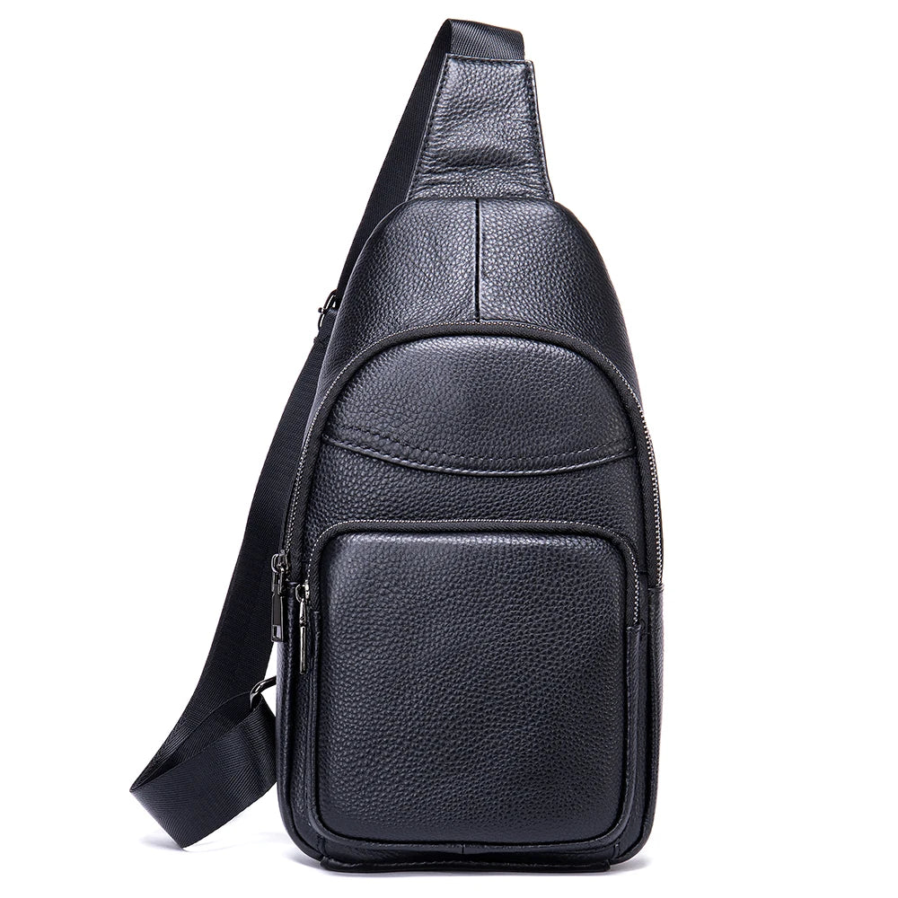 Men's Chest Bag 100% Cowhide Genuine Leather Sling Bag Casual Traveling Chest Pack Black Men's Messenger Shoulder Bags - EUFASHIONBAGS