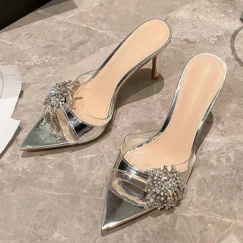 Sexy 8.5CM Thin High Heels Modern Slippers Women Crystal Rhinestone Summer Party Banquet Shoes Transparent Sandals