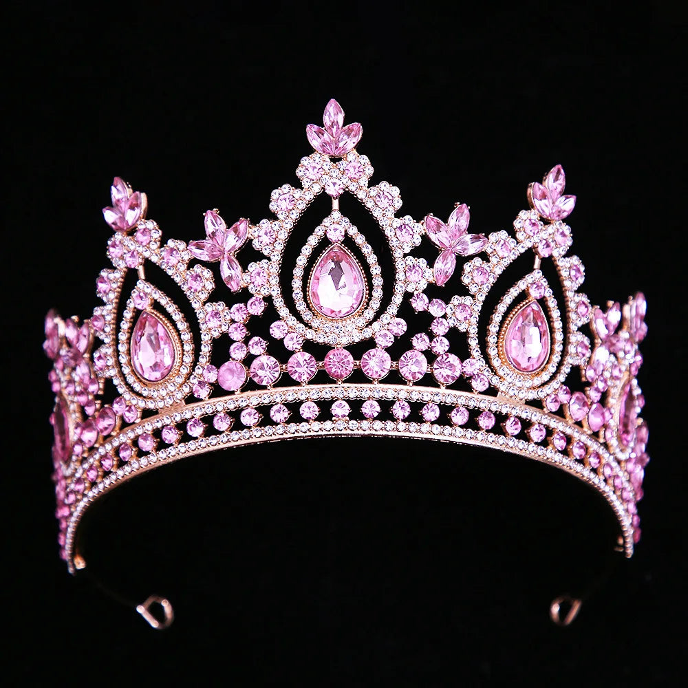 Baroque Luxury Pink Crystal Royal Queen Wedding Crown Rhinestone Bride Diadem Pageant Headdress Tiaras Hair Jewelry Accessories - EUFASHIONBAGS