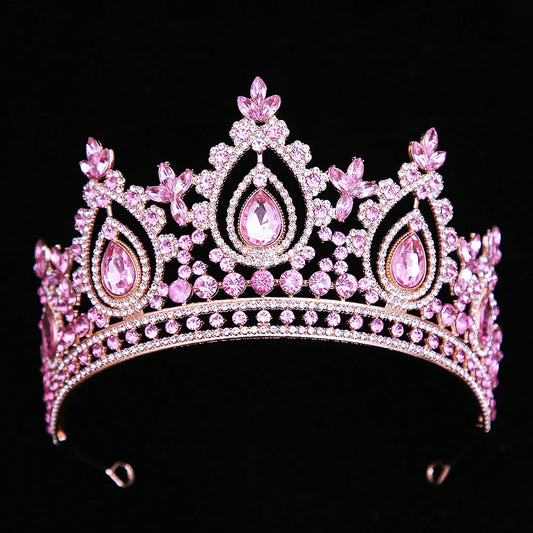 Baroque Luxury Pink Crystal Royal Queen Wedding Crown Rhinestone Bride Diadem Pageant Headdress Tiaras Hair Jewelry Accessories