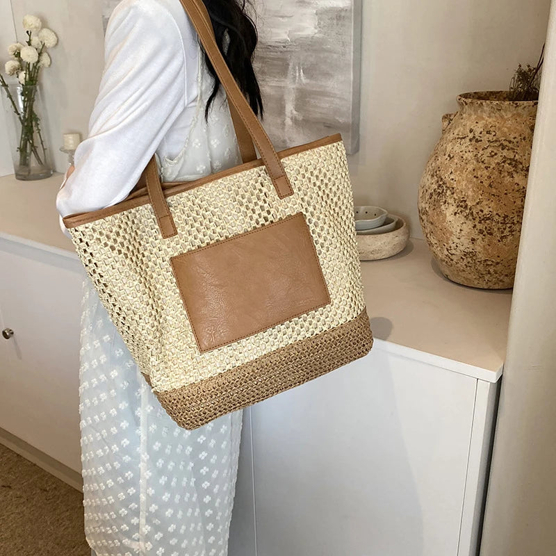 Women Crochet Beach Handbag PU Patchwork Weaving Travel Bag Contrast Color Simple Shoulder Bag Ladies Summer Daily Bag - EUFASHIONBAGS