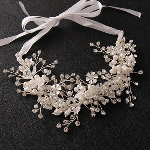 Crystal Pearl Leaf Flower Tiara Headband For Women Bride Rhinestone Bridal Wedding Hair Accessories Jewelry Ornament Vine Band