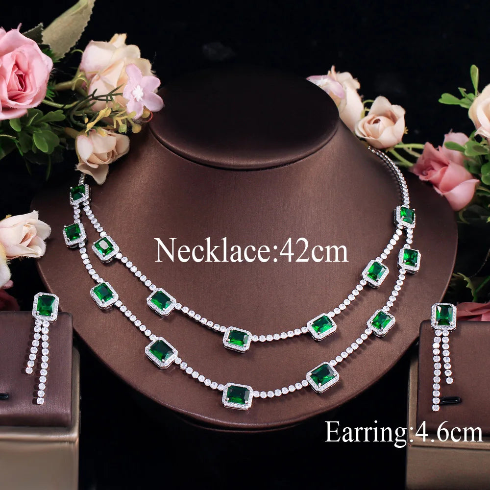 Luxury Green Square Cubic Zircon Double Layered Necklace Earrings Wedding Bridal Jewelry Sets Dress Accessories - EUFASHIONBAGS