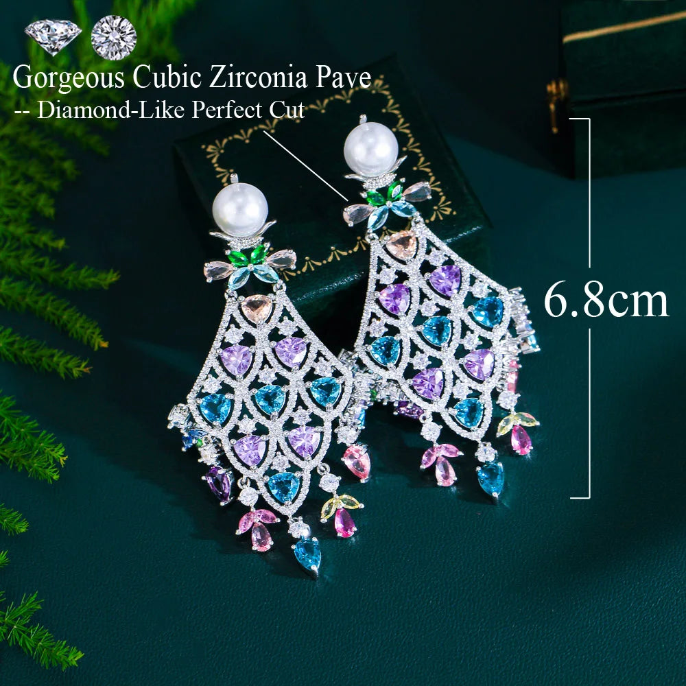 Luxury Chunky Cubic Zirconia Pave Multicolor Large Long Chandelier Drop Dangle Bridal Party Earrings for Women - EUFASHIONBAGS