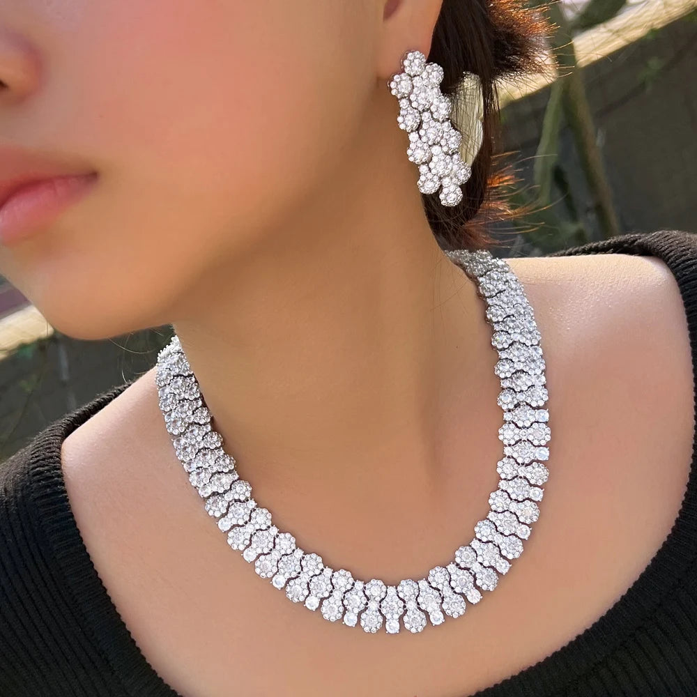 Glamorous Full Cubic Zirconia Pave Round Big Luxury Chunky Wedding Party Necklace Bridal Pageant Jewelry Sets - EUFASHIONBAGS