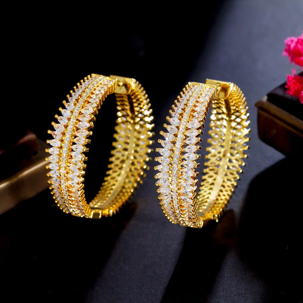 Bright Heavy African Cubic Zirconia Pave Gold Plated Round Big Wide Statement Wedding Hoop Earrings for Women - EUFASHIONBAGS