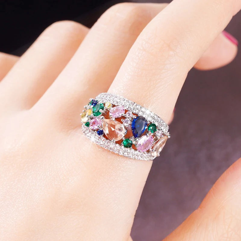 Rainbow Color Cubic Zirconia Rings Women New Wedding Accessories Luxury Trendy Female Rings Party Statement Jewelry - EUFASHIONBAGS