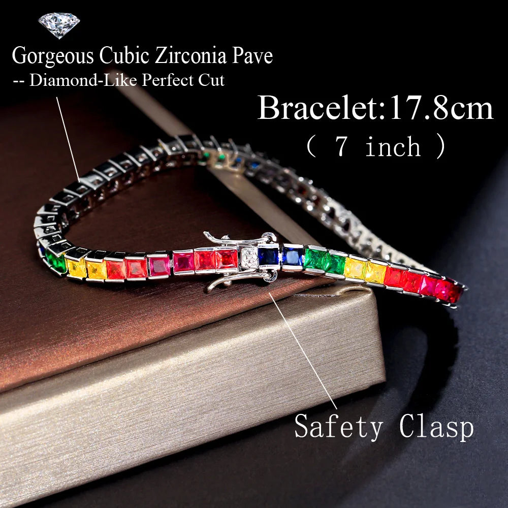 Bling Colorful Rainbow Square Cubic Zirconia Chain Link CZ Necklace and Bracelet Boho Jewelry Sets for Women