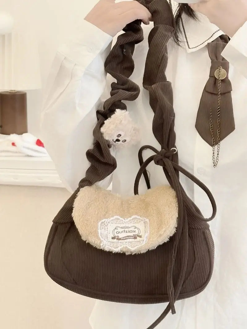 Brown Shoulder Bag Y2k Female Sweet Cute Casual Handbag Women Autumn Winter Plush Crossbody Bag 2025 - EUFASHIONBAGS