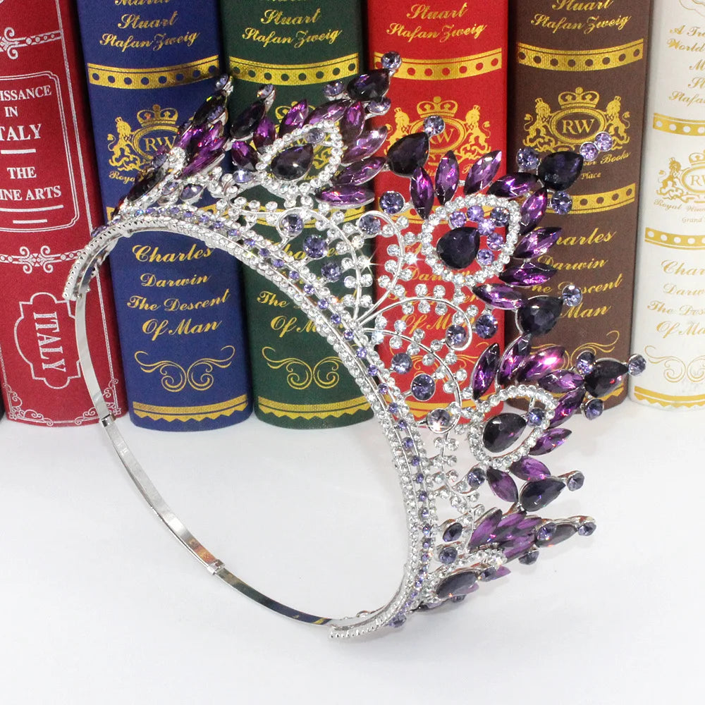 Baroque High Royal Queen Purple Crystal Wedding Crown for Women Rhinestone Banquet Tiaras Party Costume Hair Jewelry Accessories - EUFASHIONBAGS