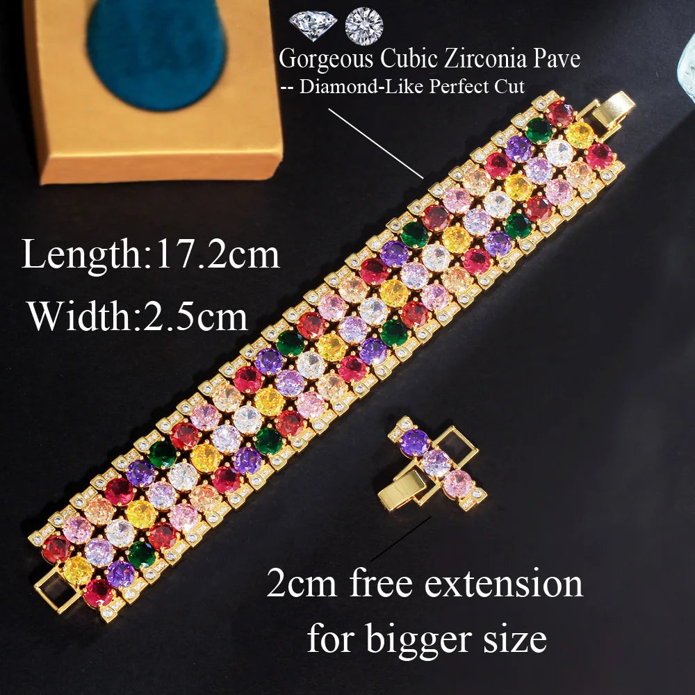 Heavy CZ Stone Work Multicolor Round Cubic Zircon Big Luxury Wedding Bracelet Bangle Dubai Gold Plated Jewelry - EUFASHIONBAGS