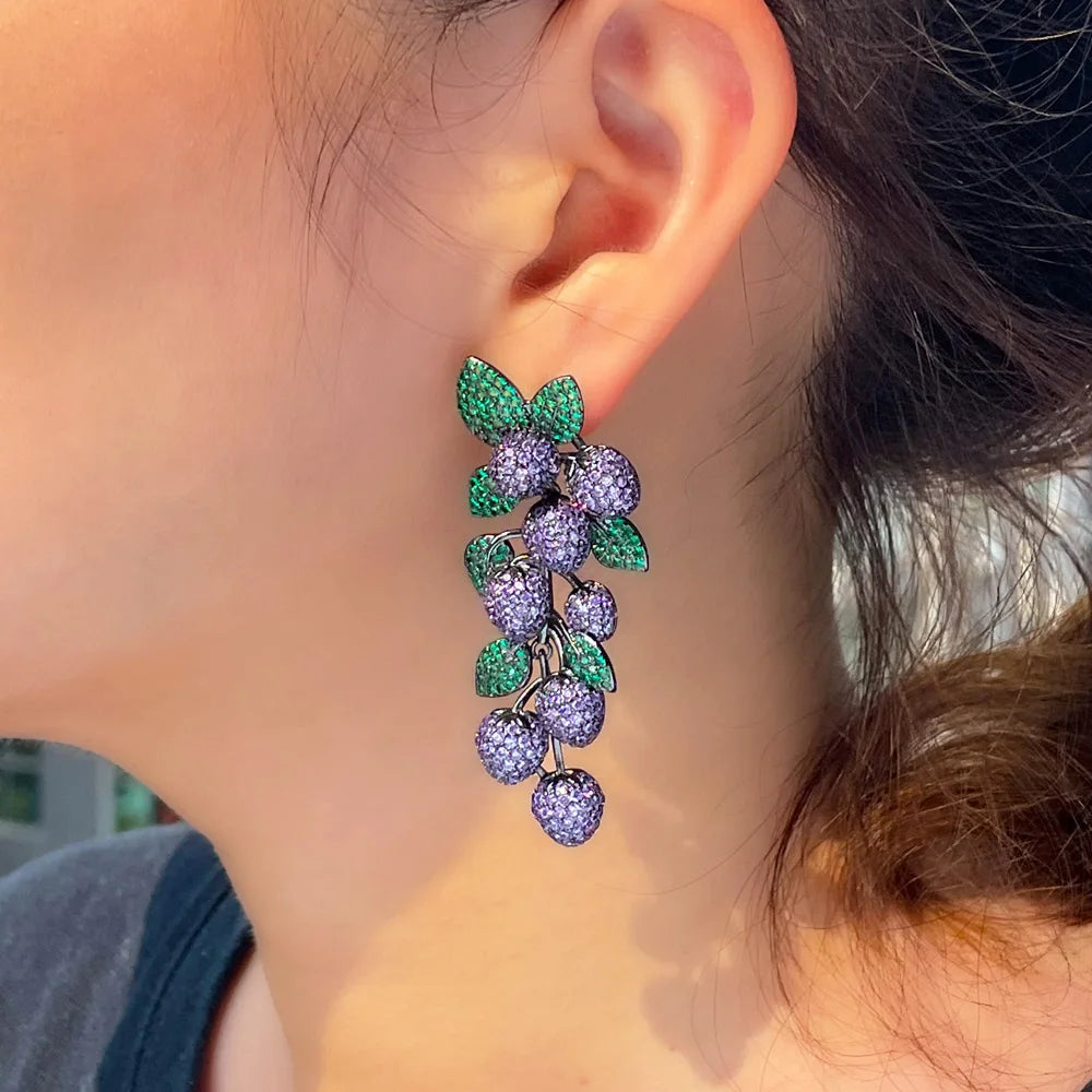 Luxury Micro Pave Purple Green Cubic Zirconia Stone Big Long Dangle Drop Leaf Wedding Party Earrings for Women