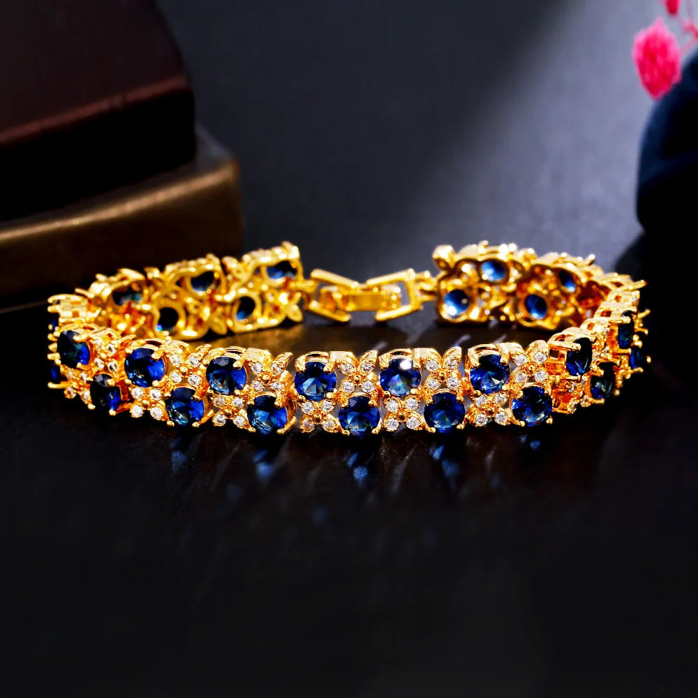 Royal Blue Cubic Zirconia Round Shape Gold Plated Big Luxury Engagement Bridal Wedding Bracelet for Women