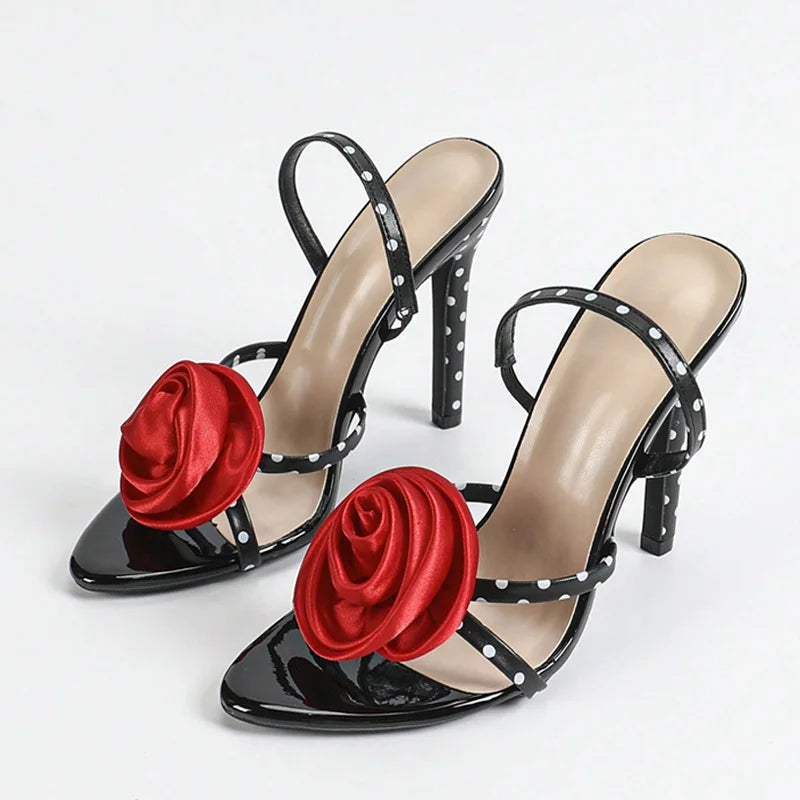 Summer Fashion Silk Rose Flowers Open Toe Polka Dot Back Strap Sandal Woman Black High Heels Party Dress Shoes Size 35-43