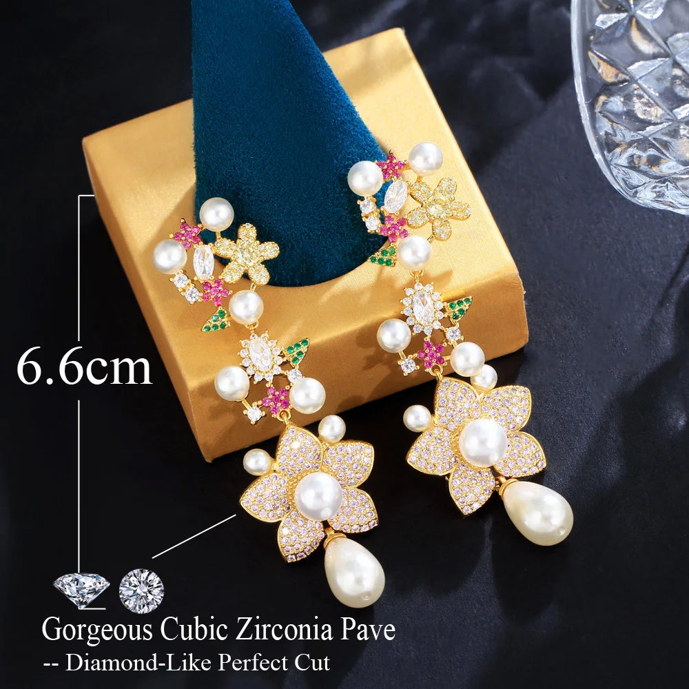 Pretty Pink Red Cubic Zirconia Paved Long Cluster Flower Dangle Drop Pearl Earrings for Women Festive Wedding - EUFASHIONBAGS