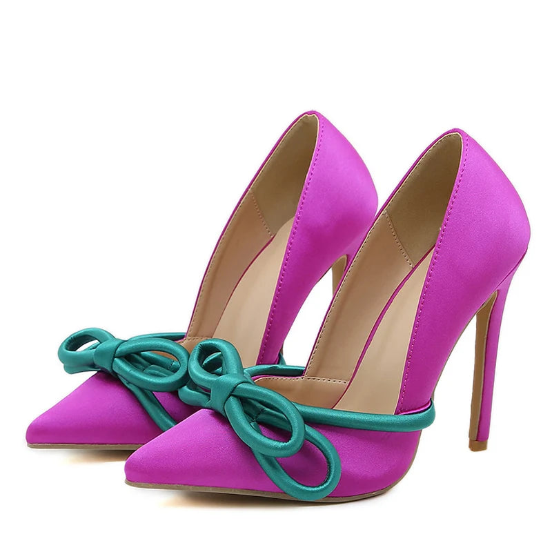 Runway Style Silk Butterfly-Knot Women Pumps Sexy Pointed Toe Slip On Purple High Heels Fashion Slingback Shoes Stiletto - EUFASHIONBAGS