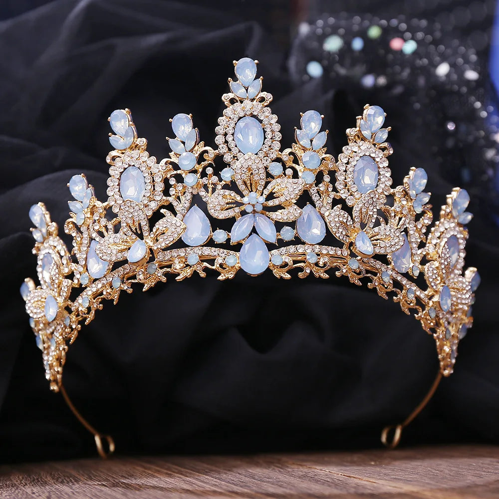 Luxury Pink Opal Royal Queen Wedding Crown Rhinestone Crystal Bridal Diadem Pageant Headdress Bride Tiara Hair Jewelry Accessory - EUFASHIONBAGS