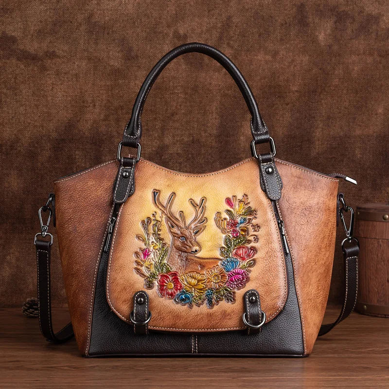 Cowhide Women's Tote Bag Vintage Deer Pattern Genuine Leather Shoulder Bags Luxury Designer High Quality Women Handbag