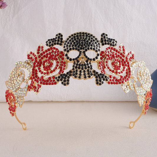 Baroque Vintage Full Rhinestone Skull Bridal Tiaras Crown Women Headbands Halloween Carnival Party Didem Hair Dress Accessories - EUFASHIONBAGS