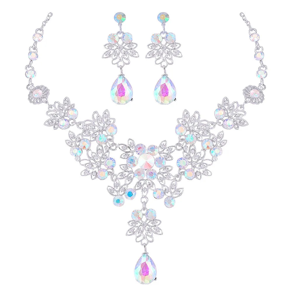 Baroque Pink Purple Crystal Bridal Wedding Jewelry Sets Women Gold Color Rhinestone Necklace Long Earrings Set Dress Accessories - EUFASHIONBAGS