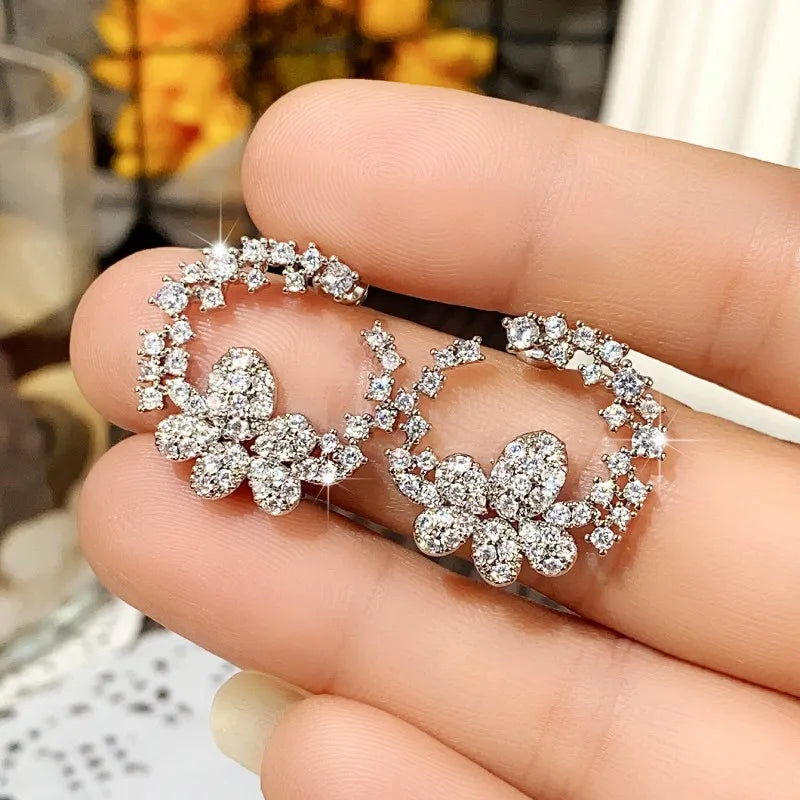 Aesthetic Flower Design Stud Earrings for Women Luxury Paved Cubic Zirconia Crystal Earrings Wedding Party Trendy Jewelry