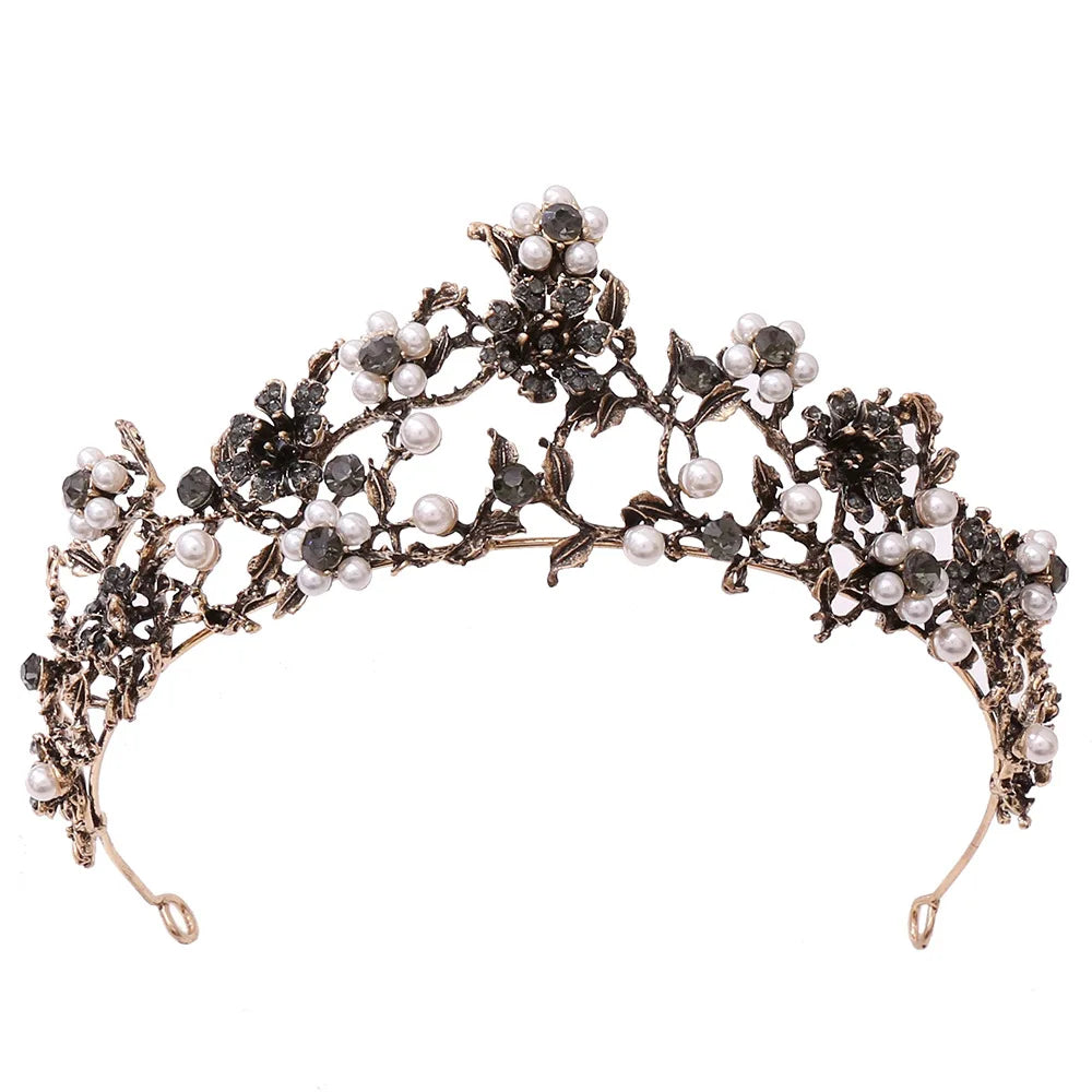 New Baroque Vintage Flowers Crystal Pearls Bridal Tiaras Crown Rhinestone Pageant Diadem Bride Headband Wedding Hair Accessories - EUFASHIONBAGS