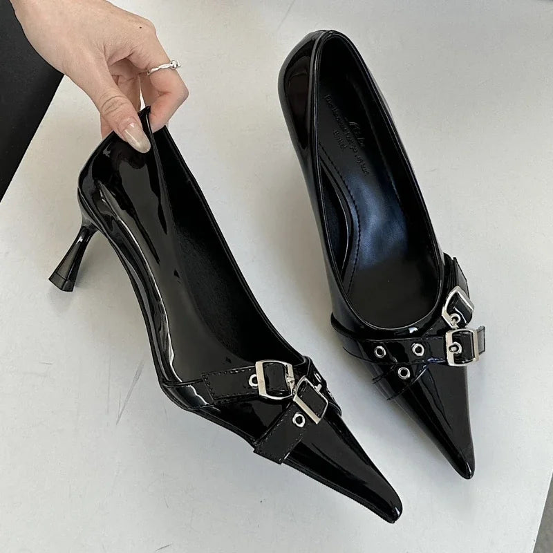 Belt Buckle Design High Heels Women Brand Women Shoes Shallow Classics Elegant Dress Shoes Fashion Pointed Toe Pumps Women