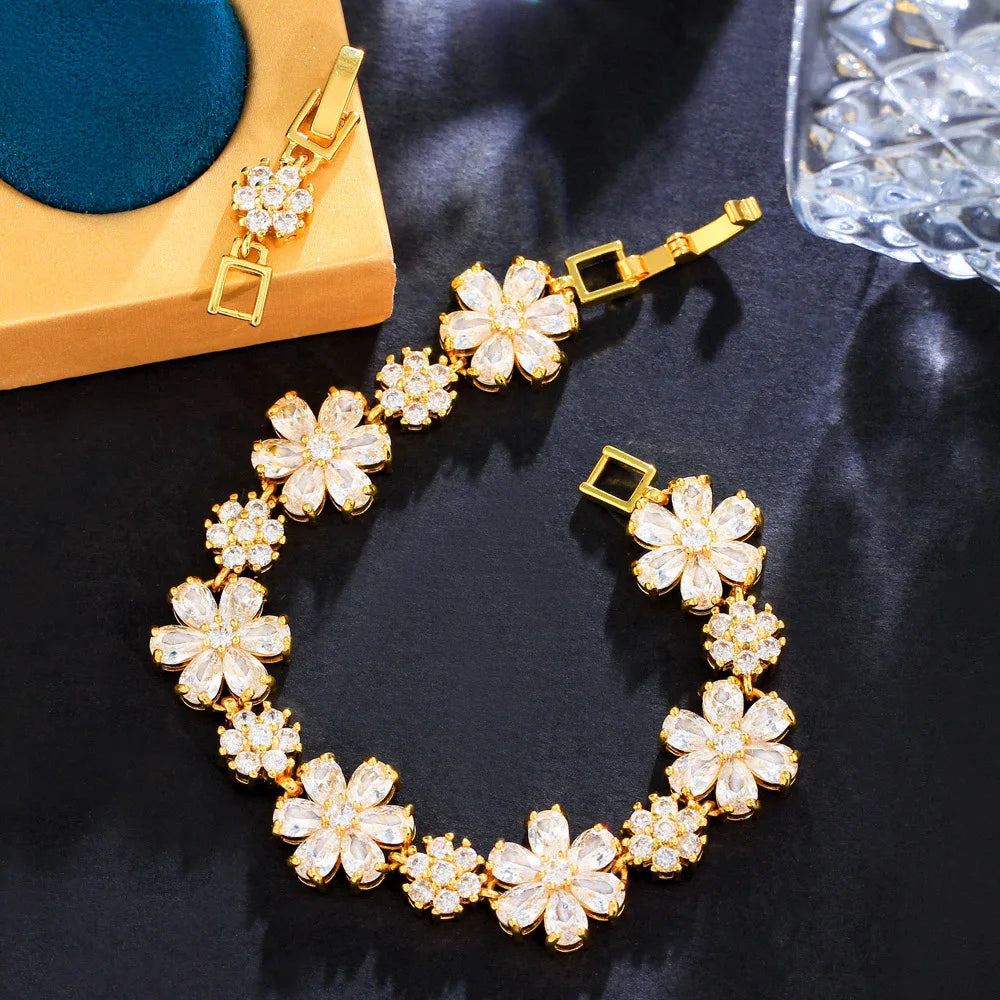 Gold Plated Green Cubic Zirconia Crystal Flower Charm Link Women Wedding Party Bracelets Jewelry Gift