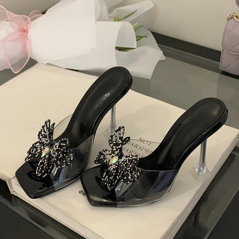 Clear High Heels Modern Slippers For Woman Crystal Butterfly Designer Shoes Transparent Sandal Female Mules Slides