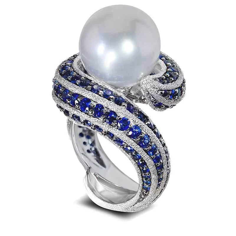 Hyperbole Personality Women Rings Irregular Shaped Full with Blue CZ Imitation Pearl Wedding Rings Hot Trendy Jewelry - EUFASHIONBAGS