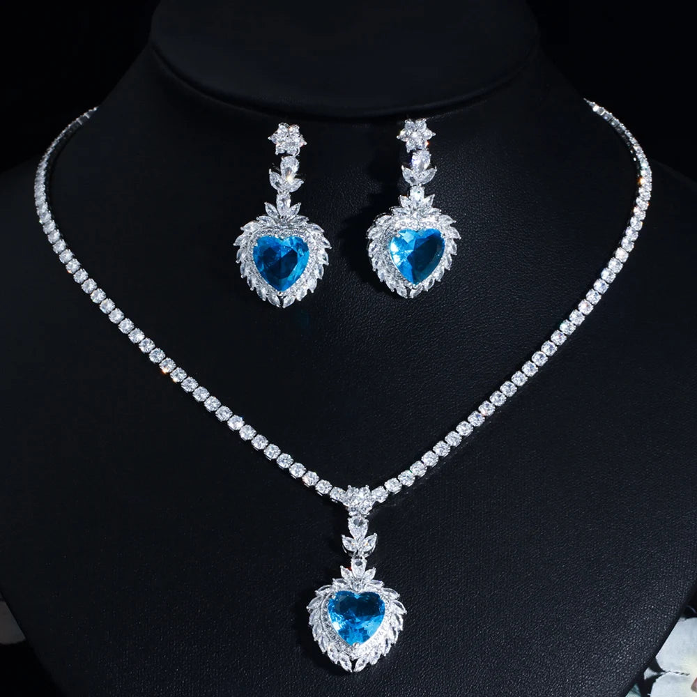 Light Ocean Blue Heart Shape CZ Crystal Necklace Earrings Jewelry Sets for Women Wedding Bridal Gift - EUFASHIONBAGS