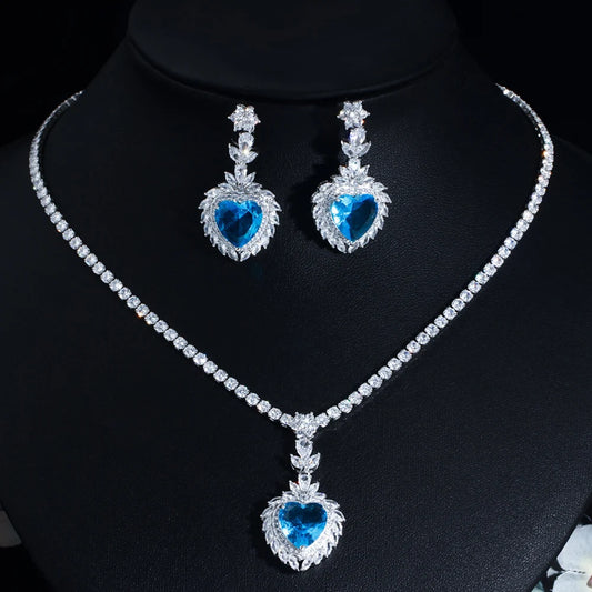 Light Ocean Blue Heart Shape CZ Crystal Necklace Earrings Jewelry Sets for Women Wedding Bridal Gift