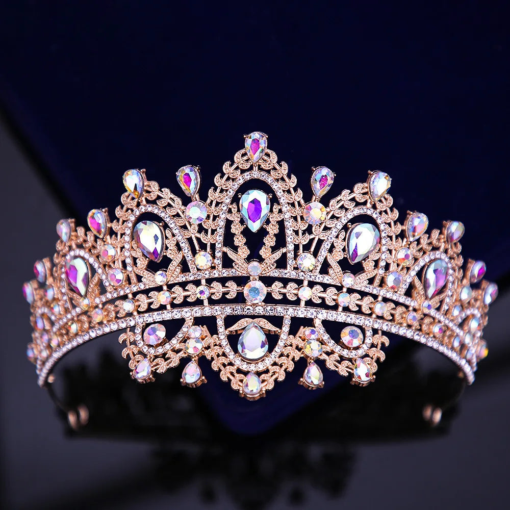 Luxury Frontlet Pink Rhinestone Bridal Tiaras Crown Baroque Crystal Pageant Prom Diadem Bride Headbands Wedding Hair Accessories - EUFASHIONBAGS