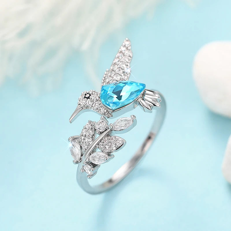 Sky Blue Bird Rings for Women Opening Adjustable Leaf Branch Ringer Bling Bling Cubic Zirconia Chic Female Jewelry Party - EUFASHIONBAGS