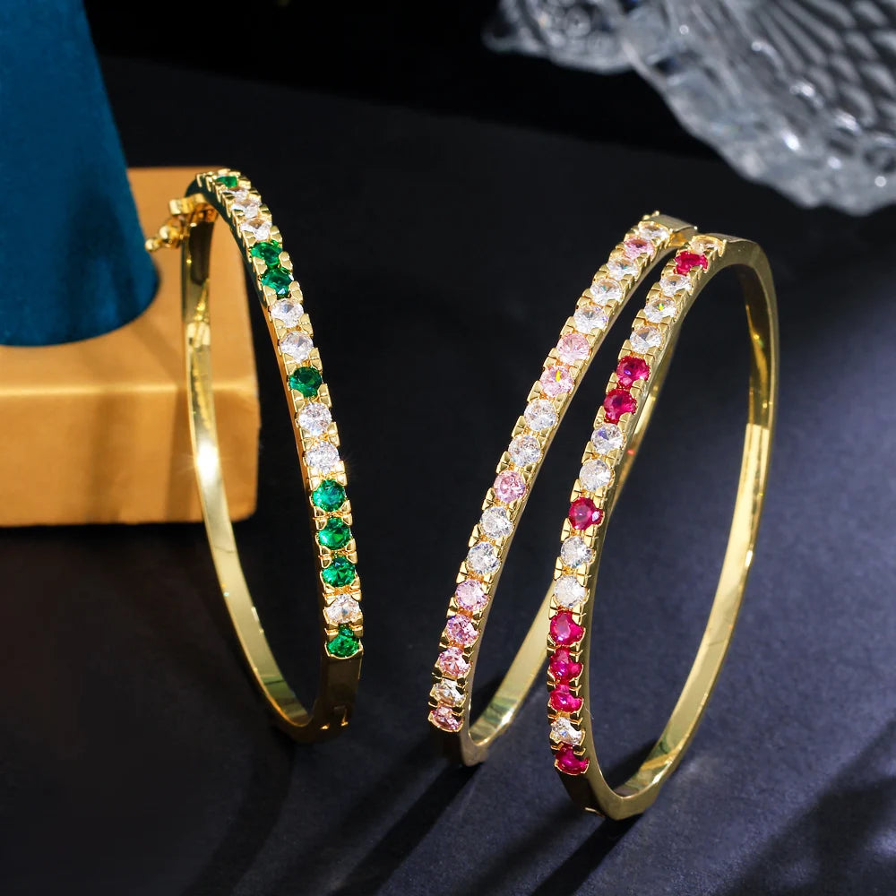 Classic Bling Round Cubic Zirconia Pave Gold Plated Green Tennis Bangle for Women Trendy Jewelry Accessories - EUFASHIONBAGS