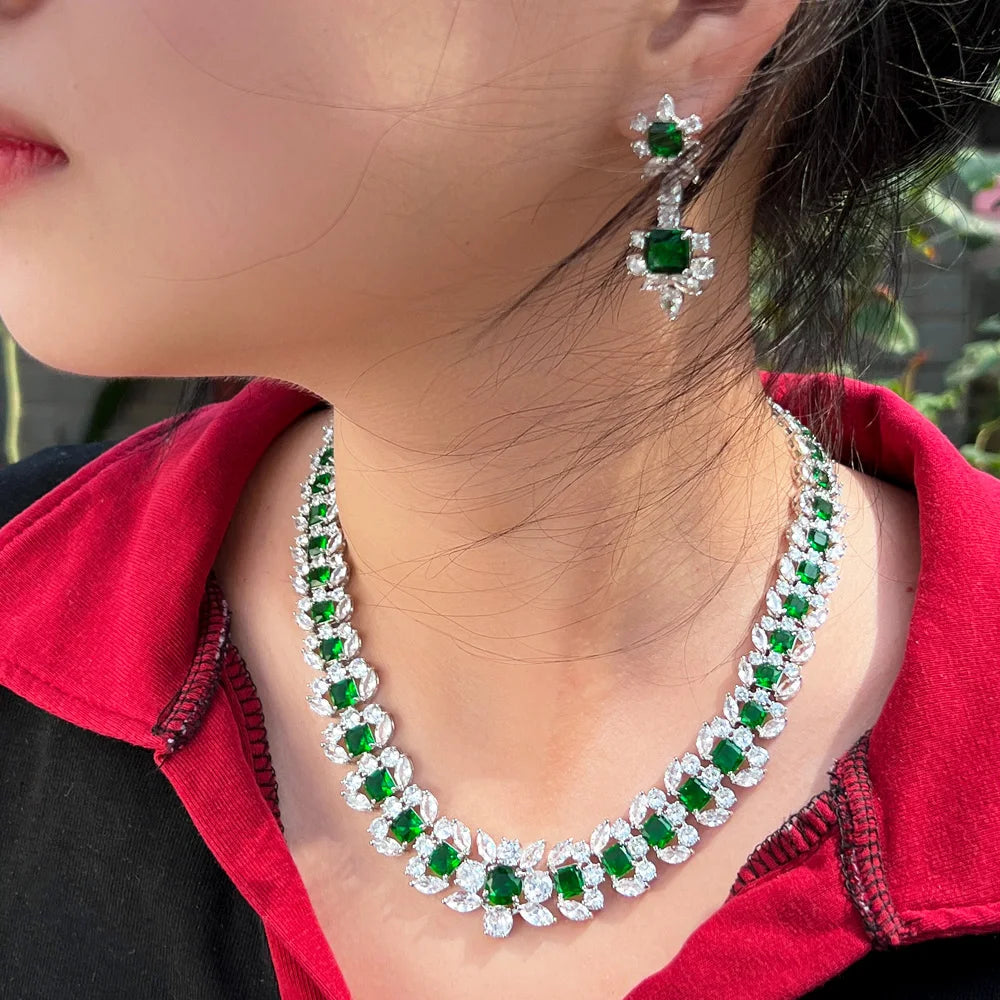 Luxurious Green Cubic Zirconia Big Women Wedding Event Costume Necklace Earrings Jewelry Sets for Brides - EUFASHIONBAGS