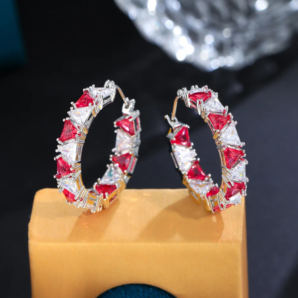 5A Top Sparkling Triangle Red Cubic Zirconia Paved Chic Double Sided Circle Round CZ Hoop Earrings for Women - EUFASHIONBAGS