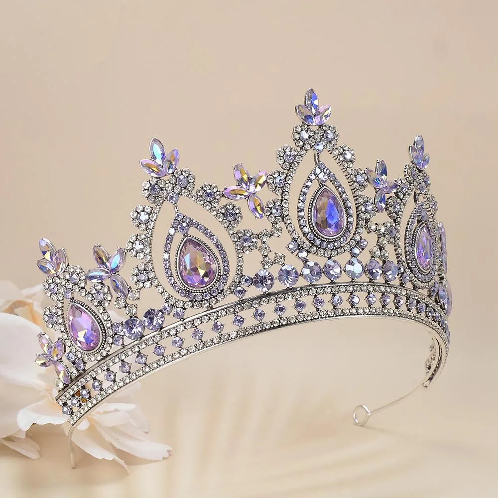 Baroque Antique Silver Color Bling Purple Crystal Royal Crowns Bridal Tiaras Rhinestone Pageant Diadem Wedding Hair Accessories - EUFASHIONBAGS