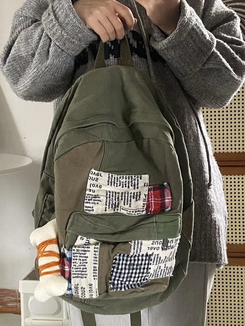 Y2k Grunge Green Backpack Women Harajuku Patchwork Canvas School Bag Backpacks Vintage Casual Mochila Aesthetic