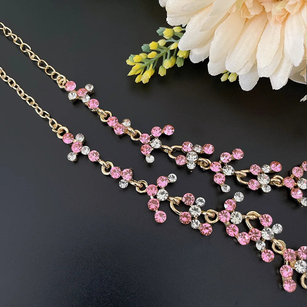 Baroque Pink Purple Crystal Bridal Wedding Jewelry Sets Women Gold Color Rhinestone Necklace Long Earrings Set Dress Accessories - EUFASHIONBAGS