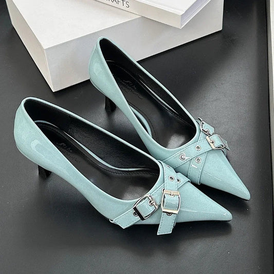 Belt Buckle Design High Heels Women Brand Women Shoes Shallow Classics Elegant Dress Shoes Fashion Pointed Toe Pumps Women