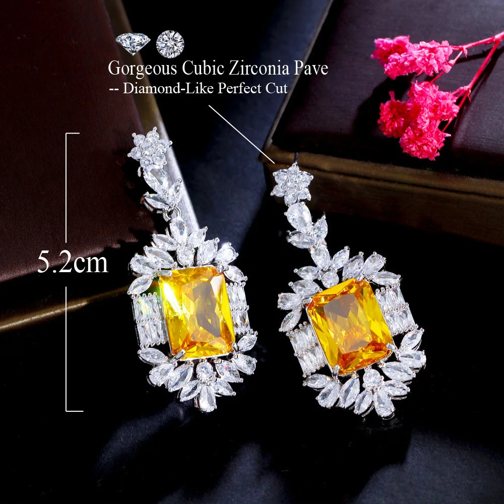 Glittering Big Rectangle Yellow Cubic Zirconia Stone White Gold Plated Long Bridal Wedding Earrings Jewelry - EUFASHIONBAGS