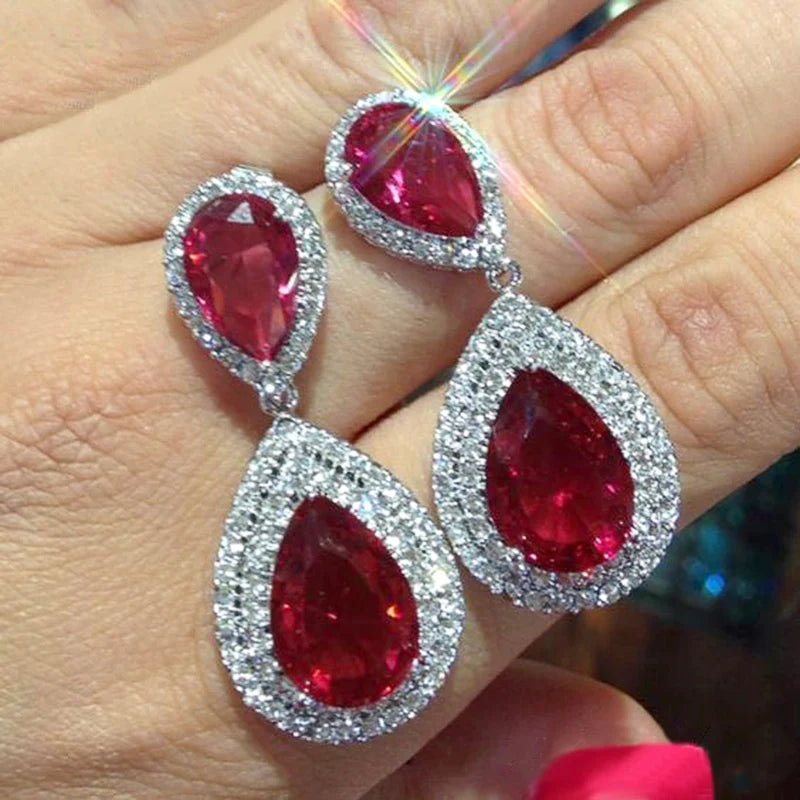 Red Cubic Zirconia Drop Earrings Women for Wedding Noble Female Anniversary Gift Fashion Luxury Party Jewelry - EUFASHIONBAGS