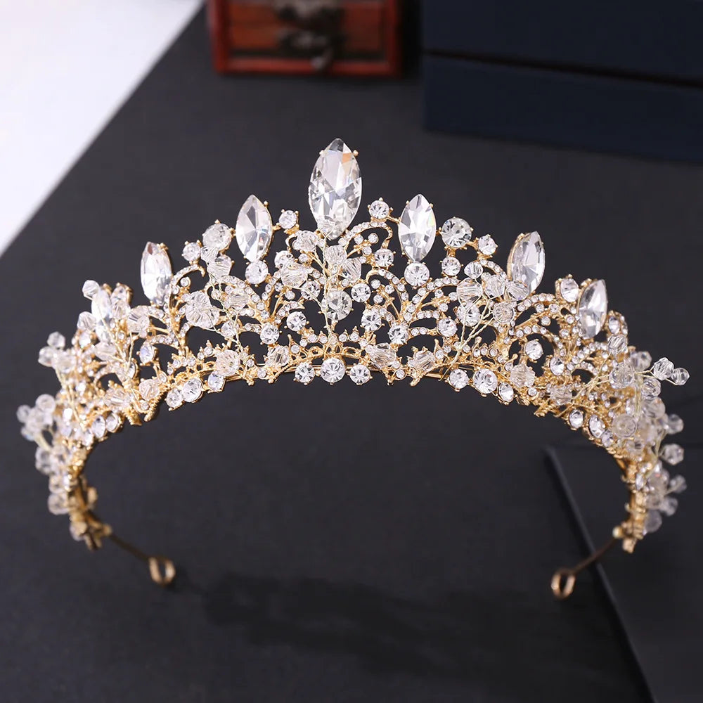 Baroque Korean Gold Color Crystal Crown Hair Accessories Luxury Rhinestone Tiara For Women Wedding Headdress Bridal Hair Jewelry