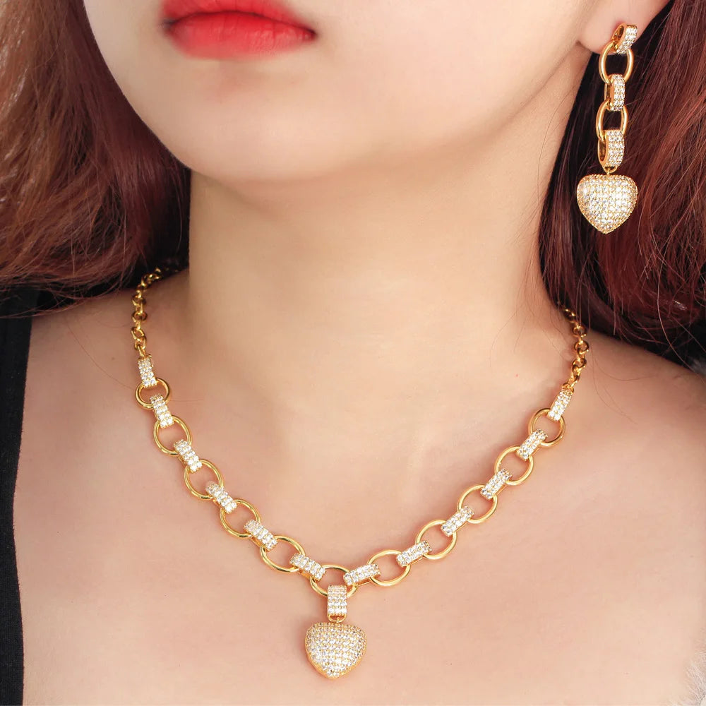 Popular Love Heart Shaped CZ Cuban Link Chain Brazilian Gold Plated Necklace and Earrings Women Jewelry Sets - EUFASHIONBAGS