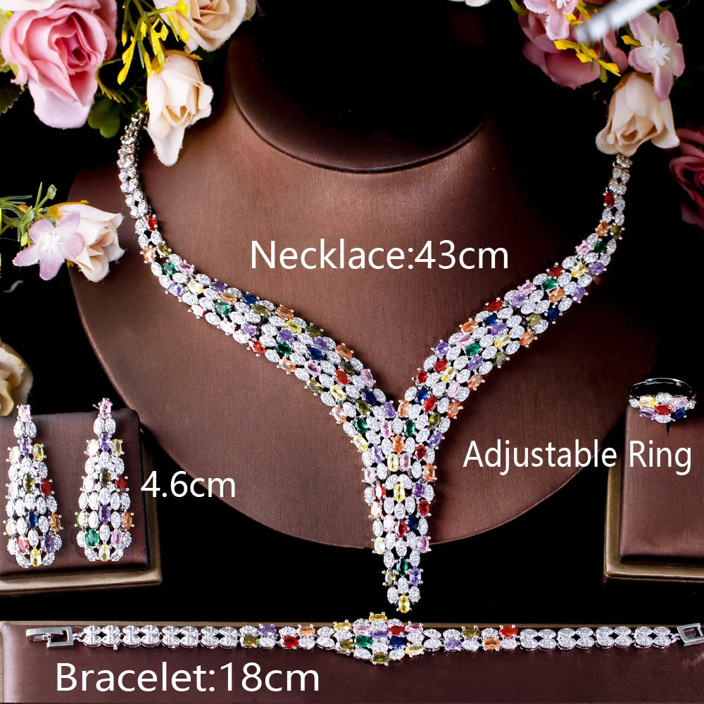 Heavy Cubic Zircon Stone Work Multicolor Big Necklace Arabic Dubai Bridal Jewelry Set Luxury Wedding Accessories